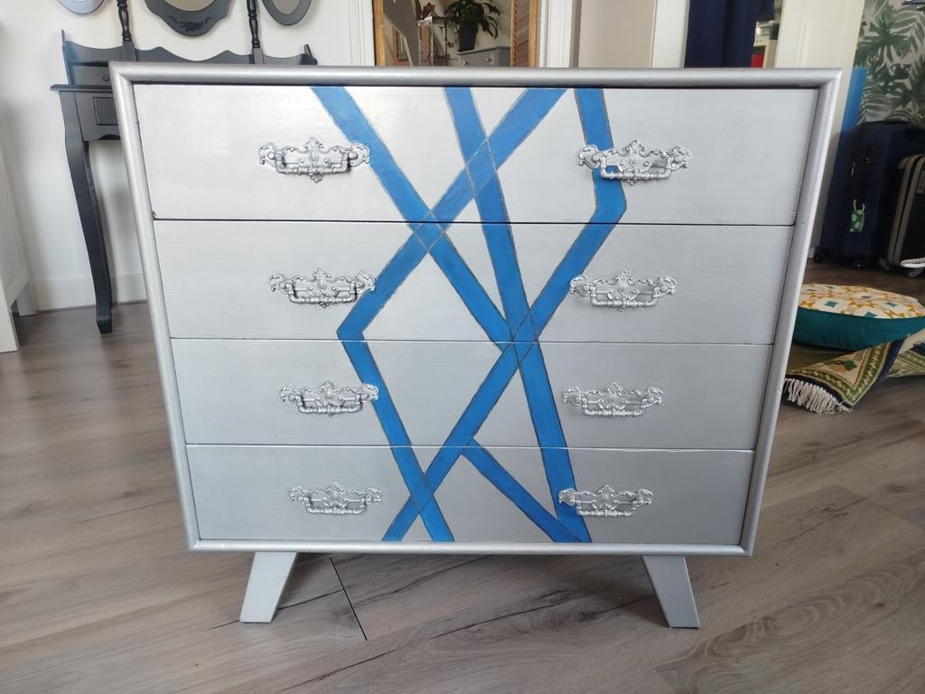 Cool antieke look zilver meubel met blauw 75b/38d/73h, Ophalen