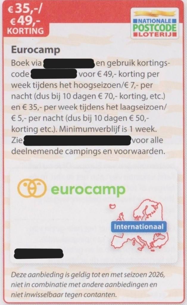 Eurocamp. €35,- / €49,- korting. Postcodeloterij kortingsbon, Tickets en Kaartjes, Kortingen en Cadeaubonnen, Drie personen of meer
