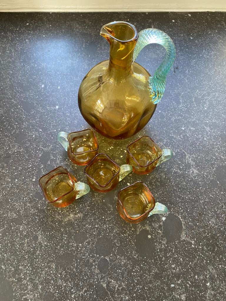 Antieke Franse "George Sand" kan met 5 borrelglaasjes, Antiek en Kunst, Antiek | Glas en Kristal, Ophalen