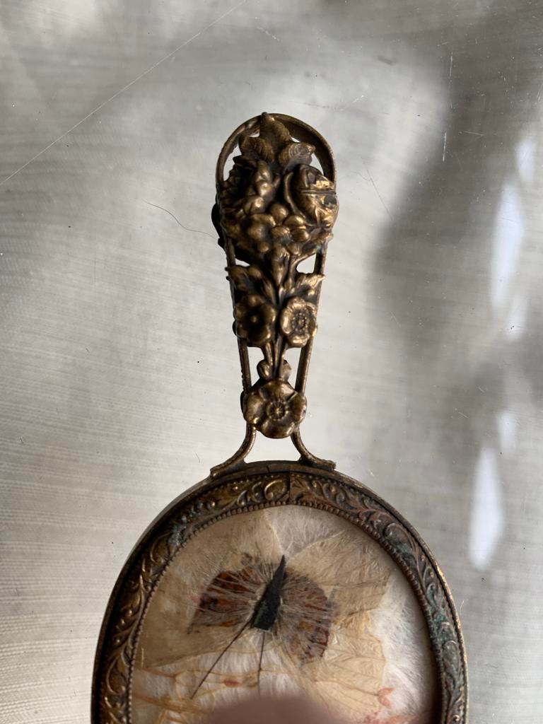 Antiek Ormolu Spiegeltje met Bloemmotief en vlinder, Ophalen of Verzenden, Ovaal, Minder dan 50 cm, Minder dan 100 cm