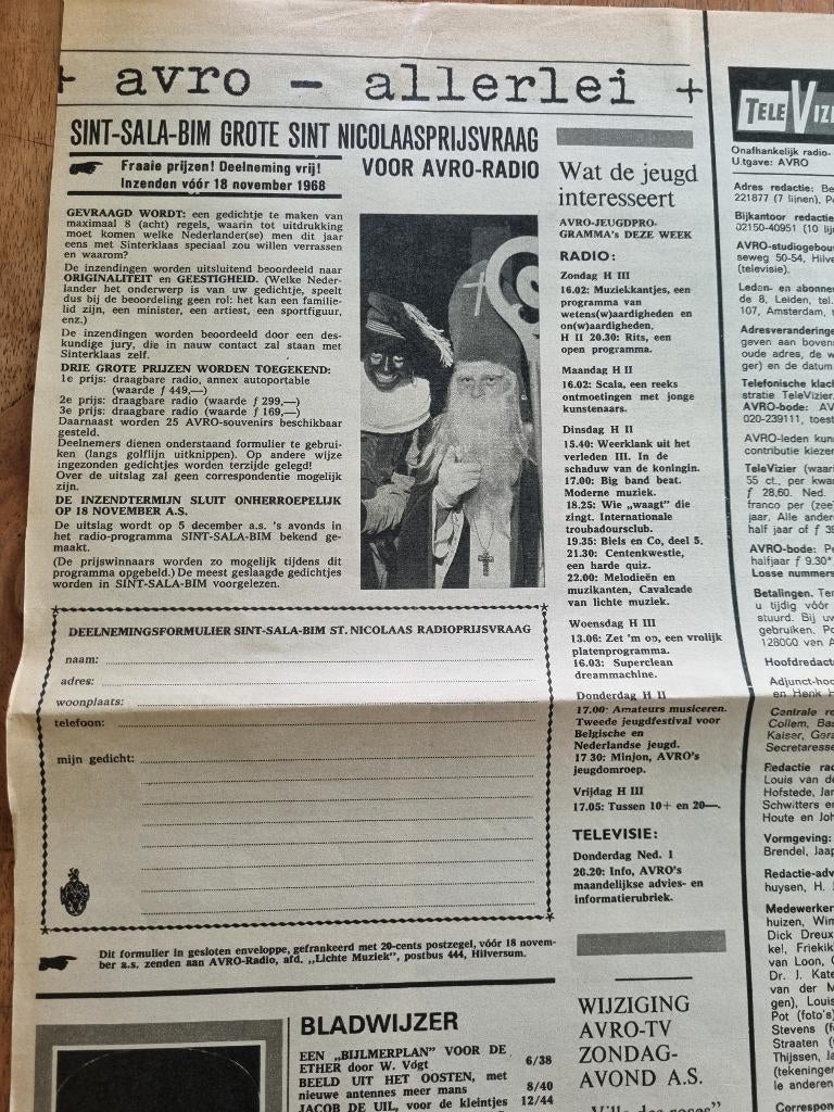 Sint-sala-bim Sinterklaasprijsvraag voor AVRO-radio (1968), Verzamelen, Ophalen of Verzenden, 1960 tot 1980, Knipsel(s)