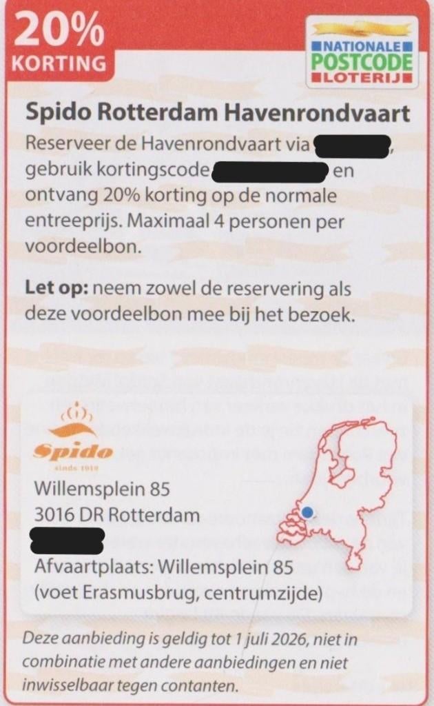 Spido Rotterdam. Havenrondvaart. 20% korting. Postcode bon., Drie personen of meer, Kortingsbon