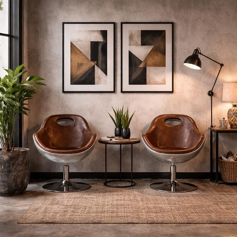 Industriële Fauteuil Aviator met Vintage Leer en Aluminium, Huis en Inrichting, Fauteuils, Nieuw, Leer, Metaal, 50 tot 75 cm, Minder dan 75 cm