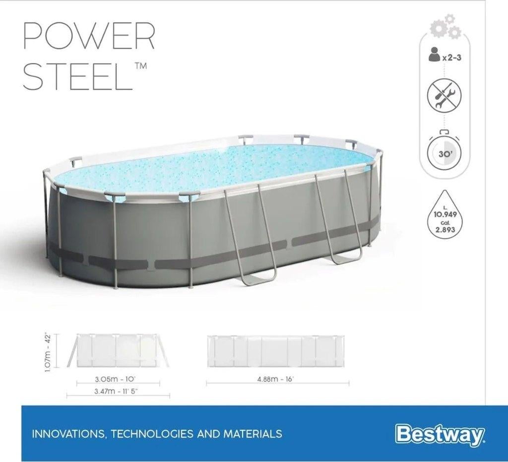Bestway Power Steel ovaal 488 x 305 x 107 cm met filterpomp, Ophalen, Gebruikt, 80 tot 120 cm, 300 cm of meer