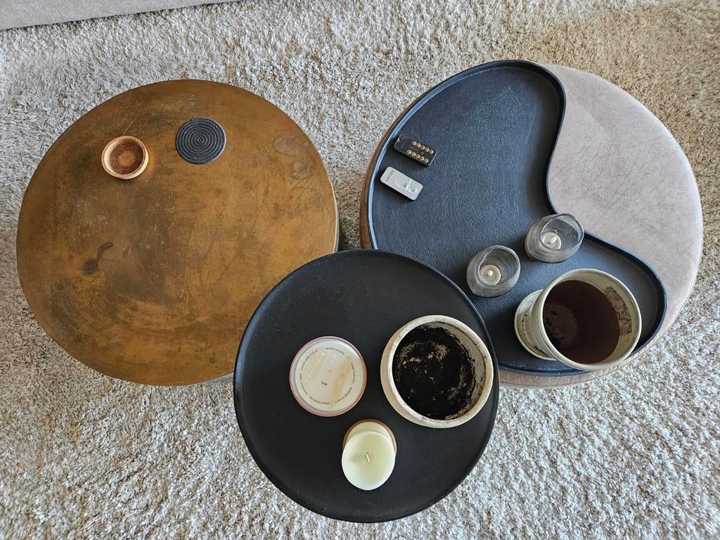 Set van 3 salontafels / poefs, 50 tot 100 cm, Rond, 50 tot 100 cm, Zo goed als nieuw