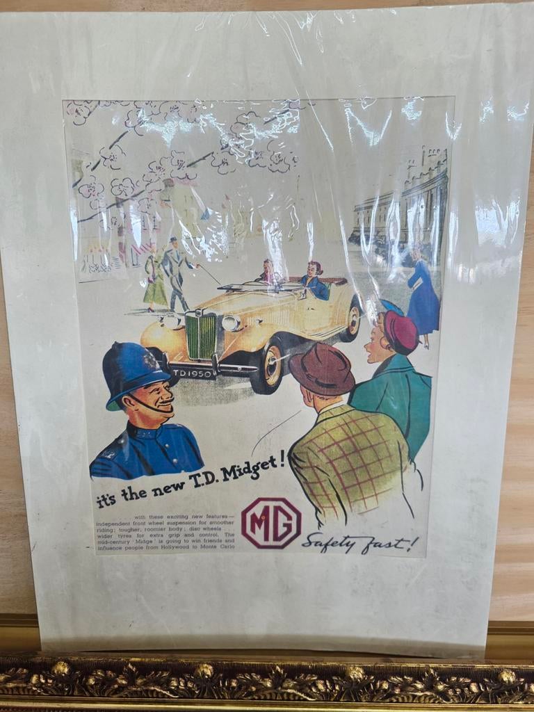 Vintage MG TD Midget Advertentie Print - 'Safety Fast!', Ophalen
