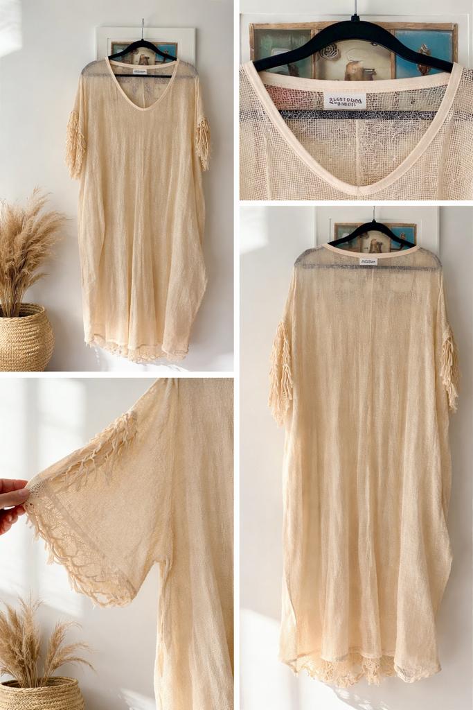 Crème strandjurk / cover-up met franjes, Maat 38/40 (M), Verzenden, Beige, Nieuw