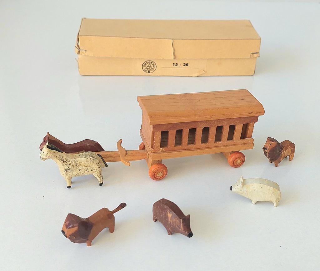 Vintage Erzgebirge Dregeno Seiffen Paard Wagen Dieren + doos, Verzenden