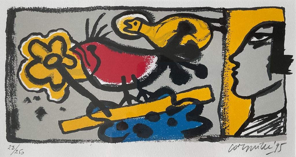 Corneille (1922-2010)-Vrouw, bloem en vogels (1995, 23-250), Antiek en Kunst, Ophalen of Verzenden