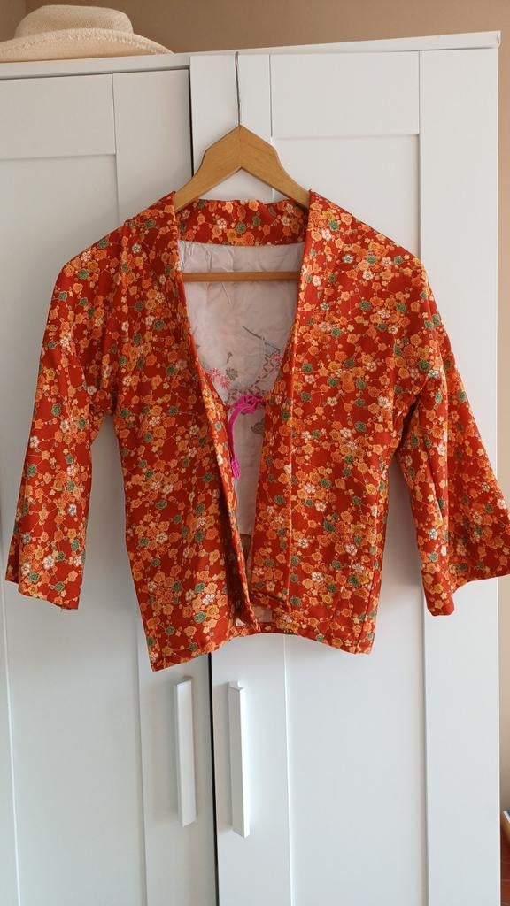 Vintage Kimono Jasje - Oranje met Bloemenprint, Oranje, Ophalen of Verzenden, Maat 36 (S), Onbekend