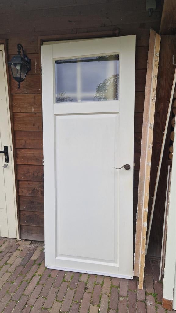 Drie massieve binnendeuren met mat facetglas, Doe-het-zelf en Verbouw, Deuren en Horren, Ophalen, Gebruikt, 80 tot 100 cm, Binnendeur