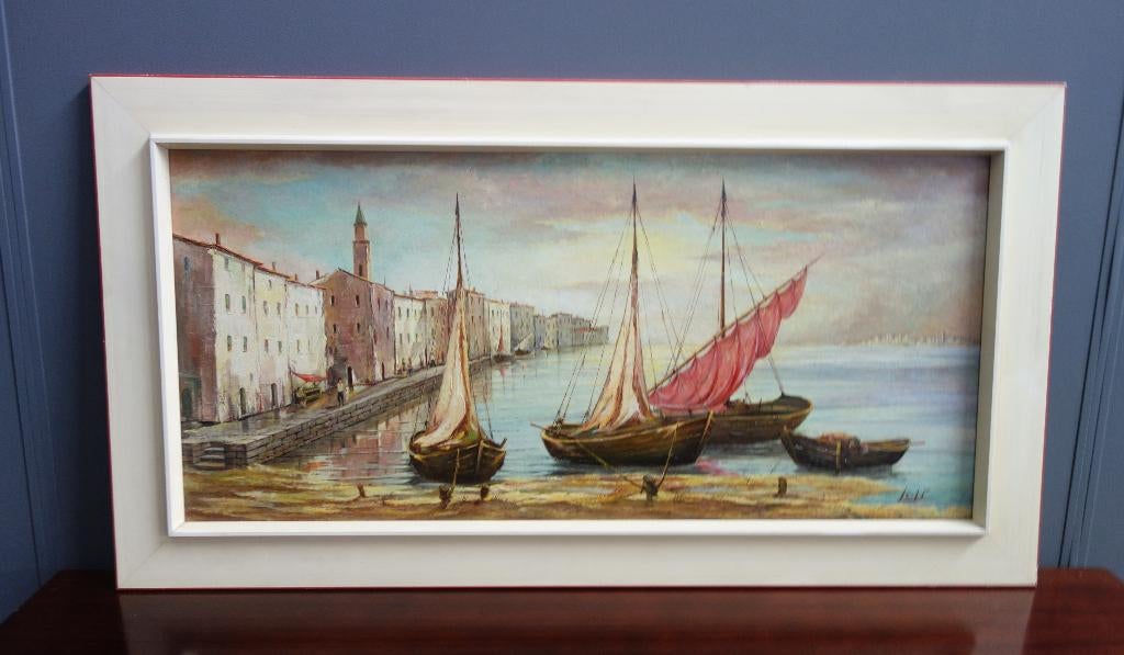 60 jaren origineel geschilderd ophout schilderij boten water, Ophalen, Gebruikt, 50 tot 75 cm, Schilderij