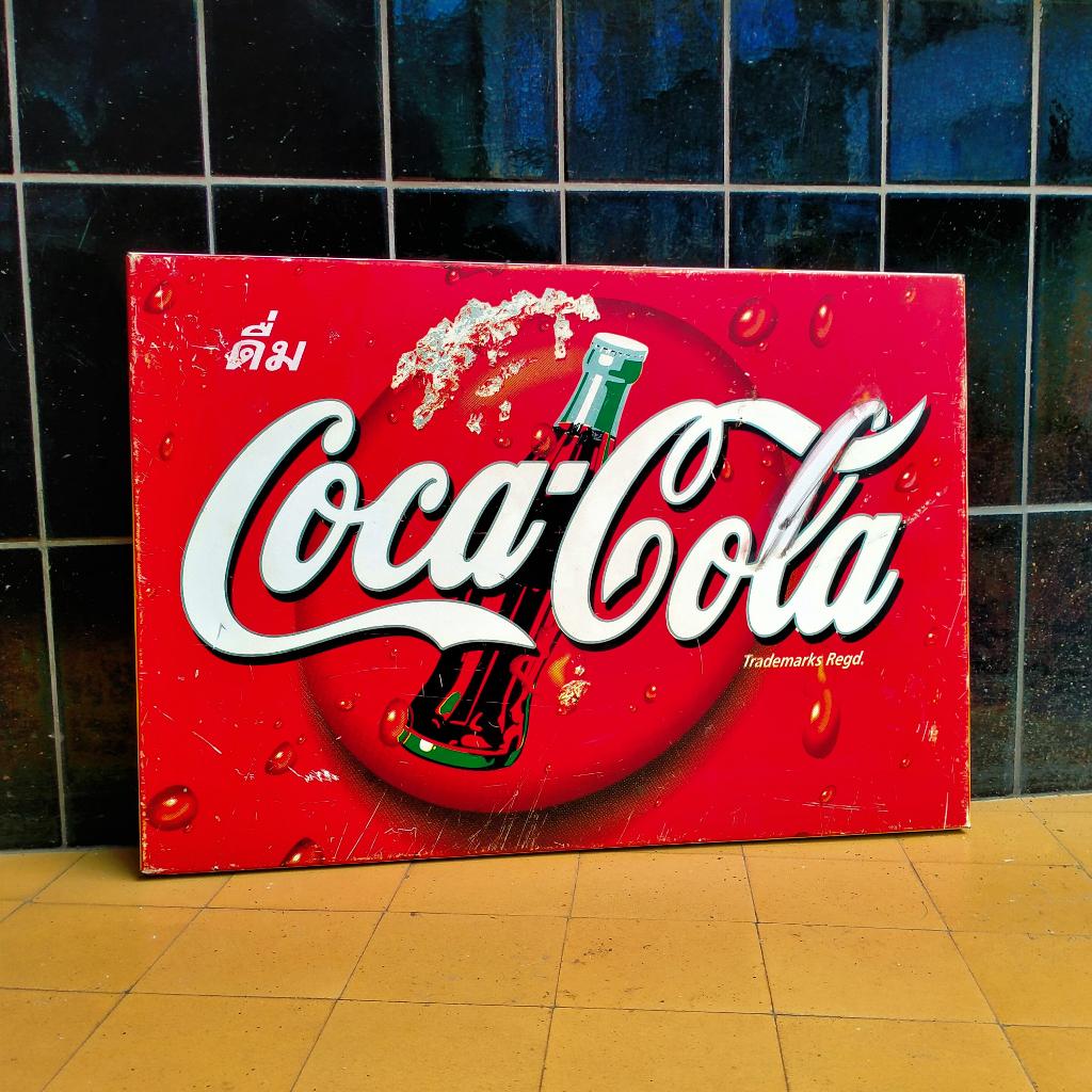 Oud Thais Coca-Cola Reclamebord Vintage 90s Bangkok Thailand, Ophalen of Verzenden, Zo goed als nieuw, Reclamebord