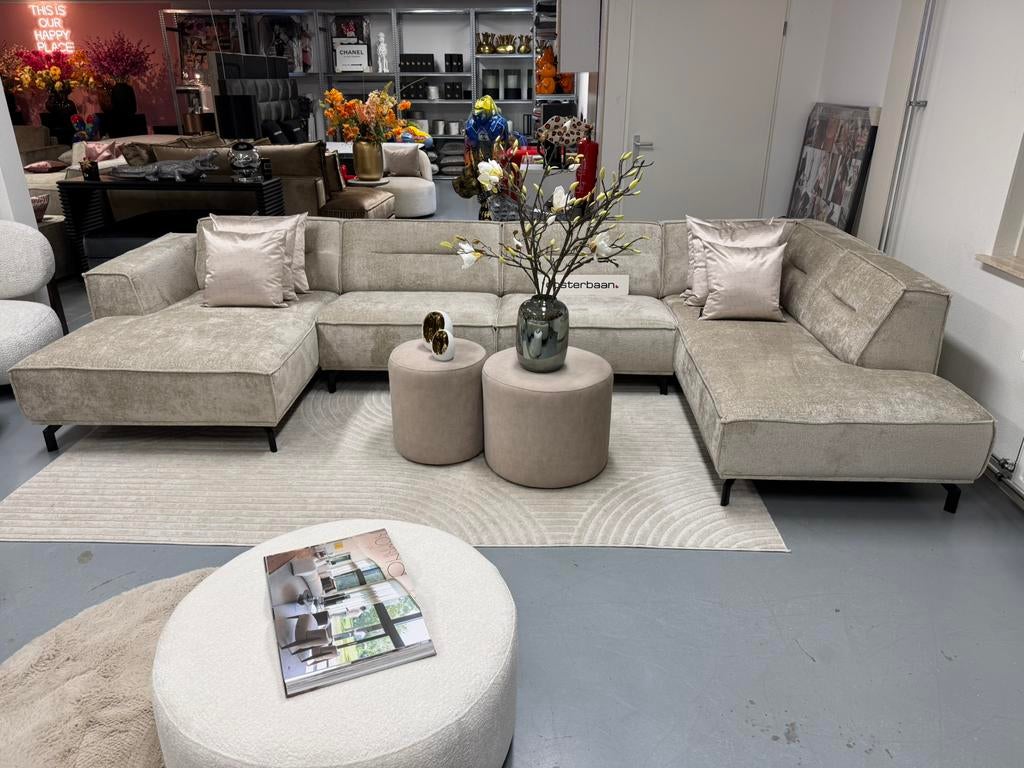 Luxe Velvet Teddy U-bank Lotte 160x385x200cm Beige Sand NEW, Oosterbaan, Info@oosterbaanwonen.nl, Venus 31 8448CE Heerenveen, Hoekbank