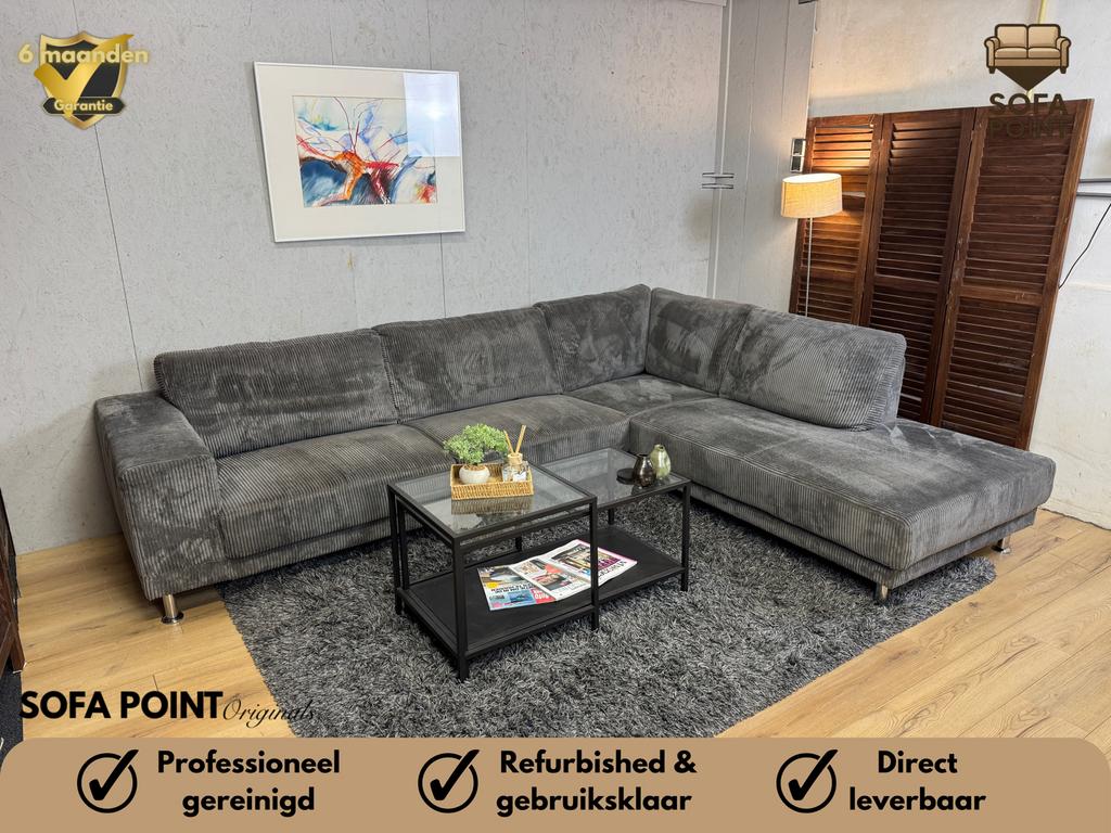 Ruime Grijze Ribstof Hoekbank- Gratis Bezorgd, Ophalen of Verzenden, Sofa Point, Sofapointnl@gmail.com, Noordkade 68A