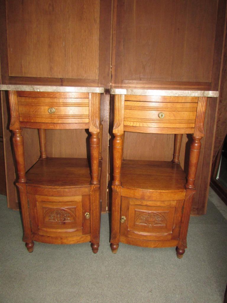 antiek eiken set nachtkastjes grijs gem. marmerblad 375,00, Ophalen, Minder dan 45 cm, Zo goed als nieuw, 70 cm of meer