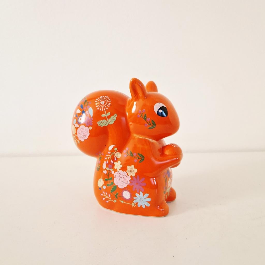 Retro oranje spaarpot eekhoorn beeldje flower power, Ophalen of Verzenden, Huis en Inrichting