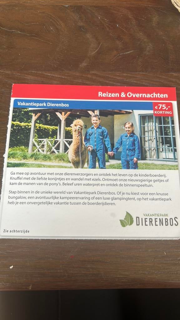 75 euro korting op vakantie park dierenbos, Tickets en Kaartjes, Drie personen of meer, Kortingskaart