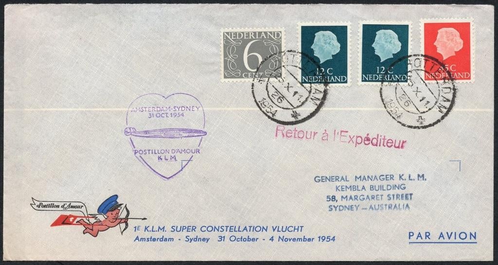 1e KLM Super Constellation Vlucht Amsterdam-Sydney 1954, Verzenden, Envelop