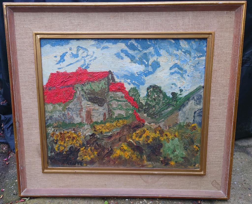 Landschap met rode huis , doek, J. Rigol Ginebra, Barcelona, Ophalen of Verzenden