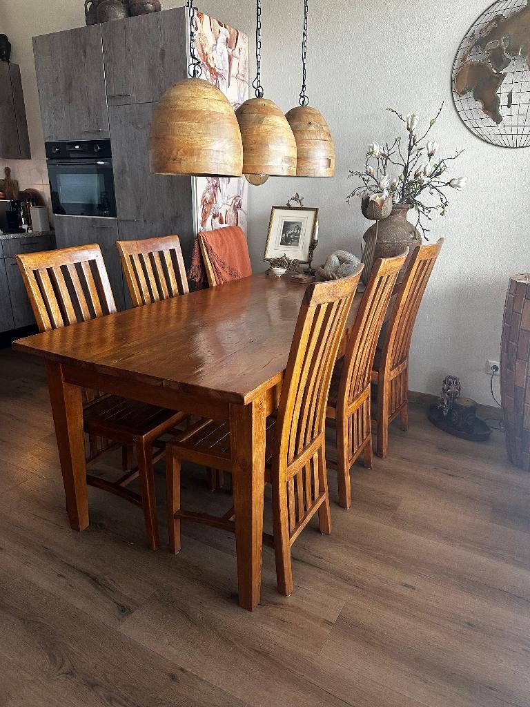 Mooie Gelakte Teakhouten Eettafel met 6 bijbehorende stoelen, Ophalen, Gebruikt, Teakhout, 200 cm of meer