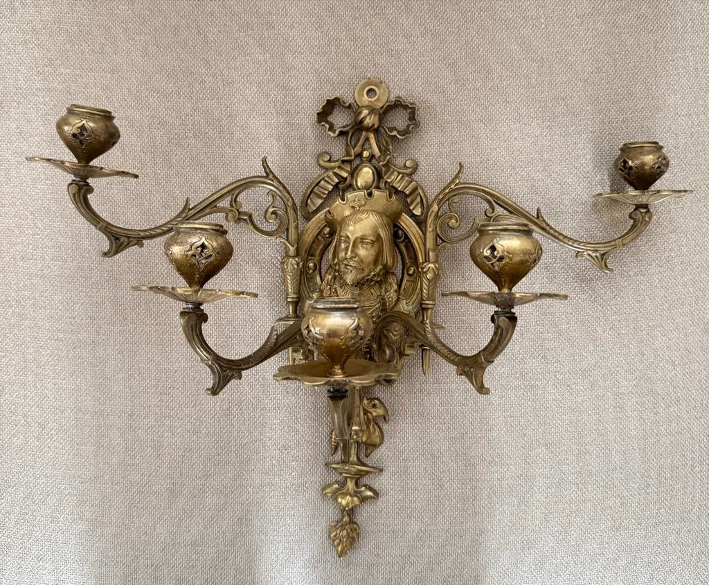 Antieke Barokke Wandkandelaar met Koningshoofd, Antiek en Kunst, Antiek | Kandelaars, Ophalen, Koper of Brons