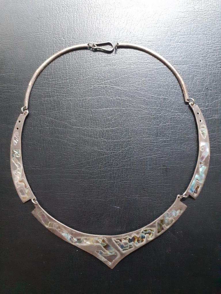 Vintage zilveren halsketting met parelmoer, Sieraden, Tassen en Uiterlijk, Kettingen, Ophalen of Verzenden, Gebruikt, Zilver, Zilver