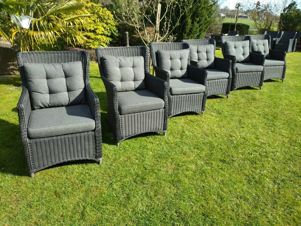 Set van 6 grote landelijke wicker tuinstoelen., Ophalen, Wicker