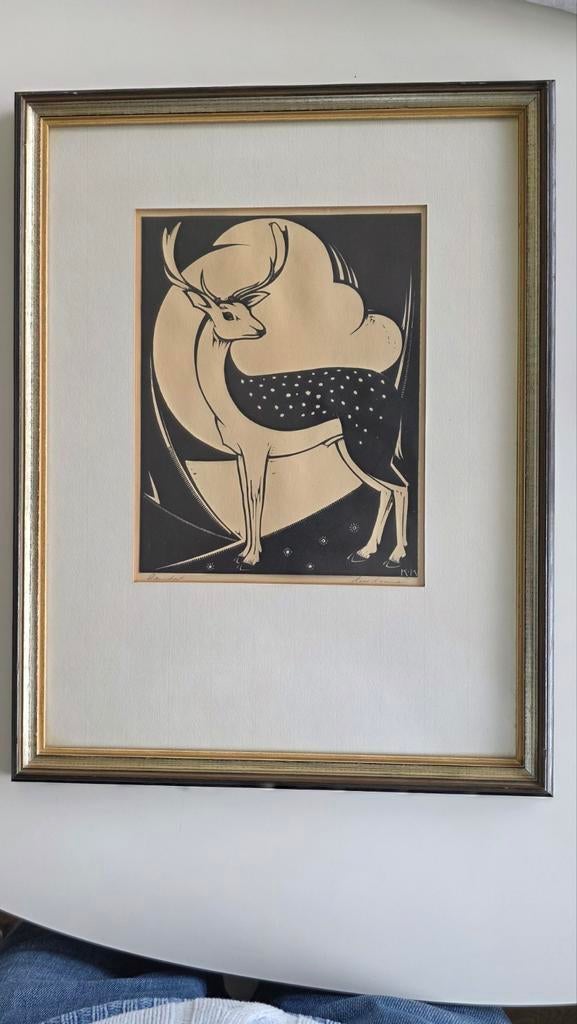 Ets van Kees Koeman - Hert in maanlicht, 35 x 45 cm, Antiek en Kunst, Kunst | Etsen en Gravures, Ophalen of Verzenden