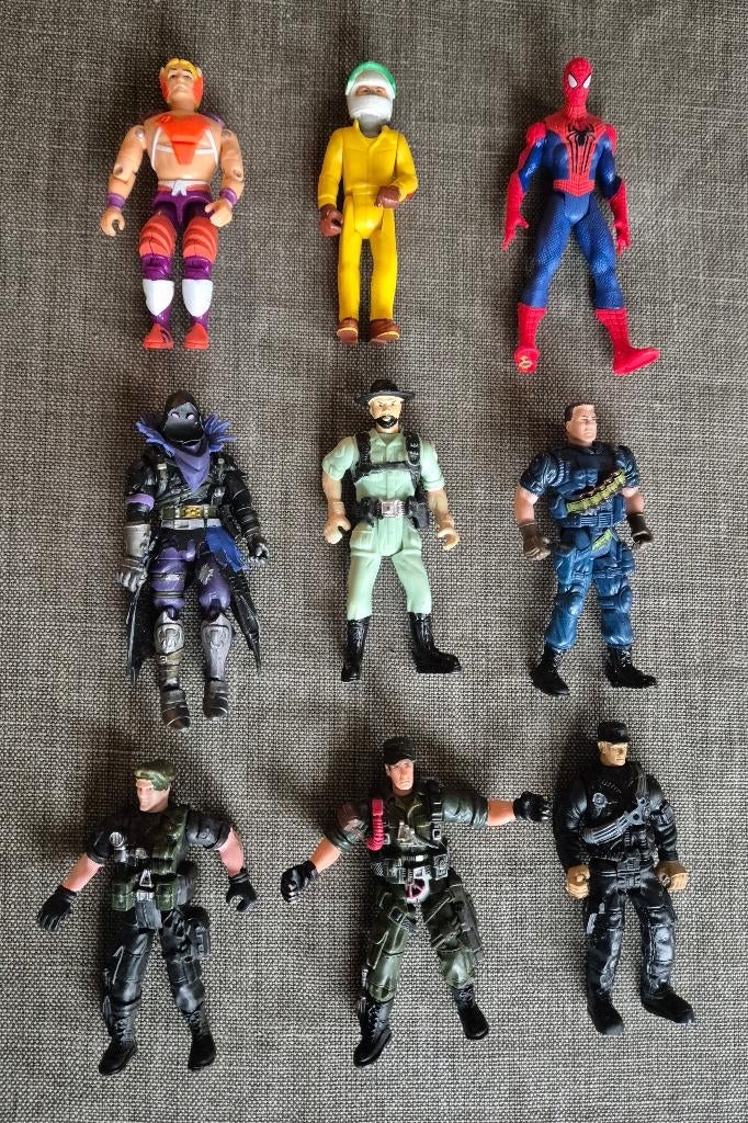 9 actie figuurtjes; Chap Mei, GI Joe? en een Spiderman, Ophalen of Verzenden, Gebruikt