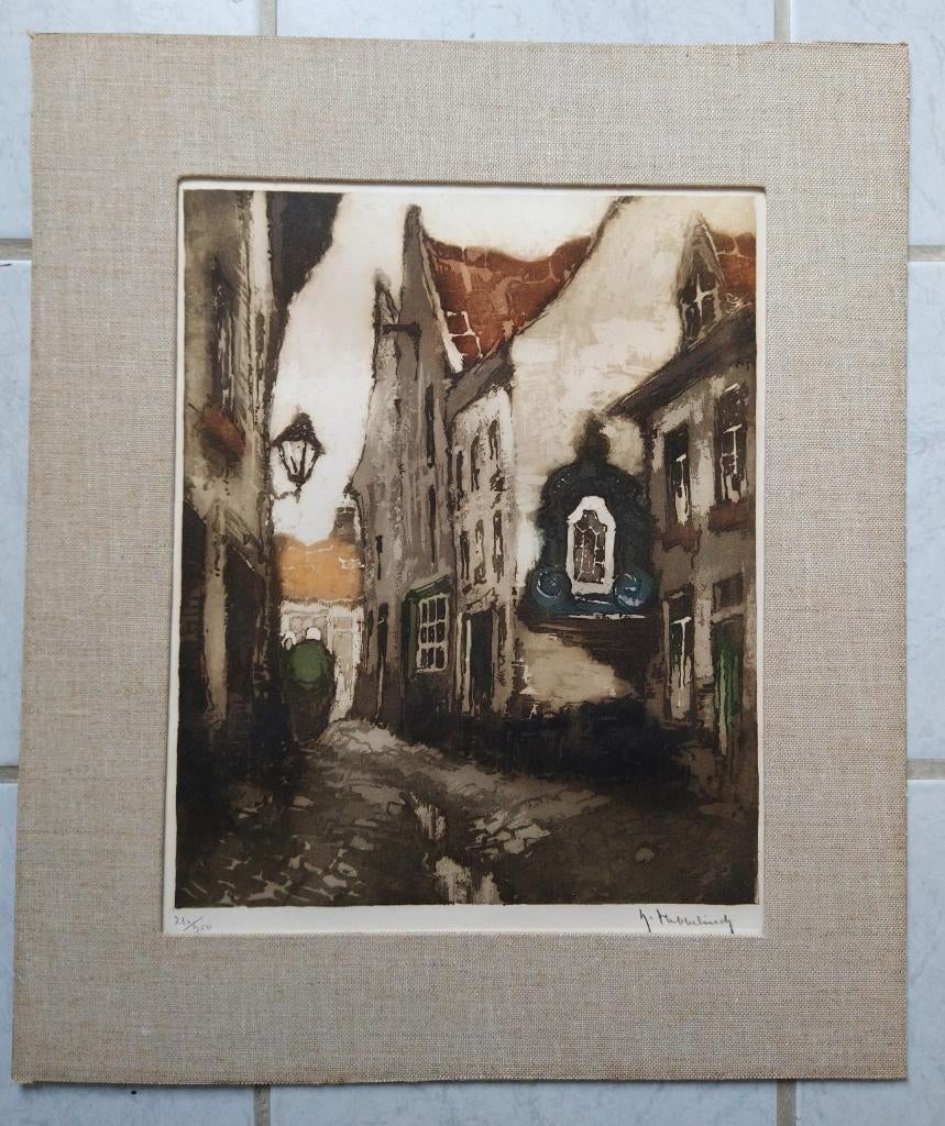 Ets van Roger Hebbelinck , stadsgezicht straatje België, Origineel, Stadsgezicht, Ophalen of Verzenden, 1950 - 1999