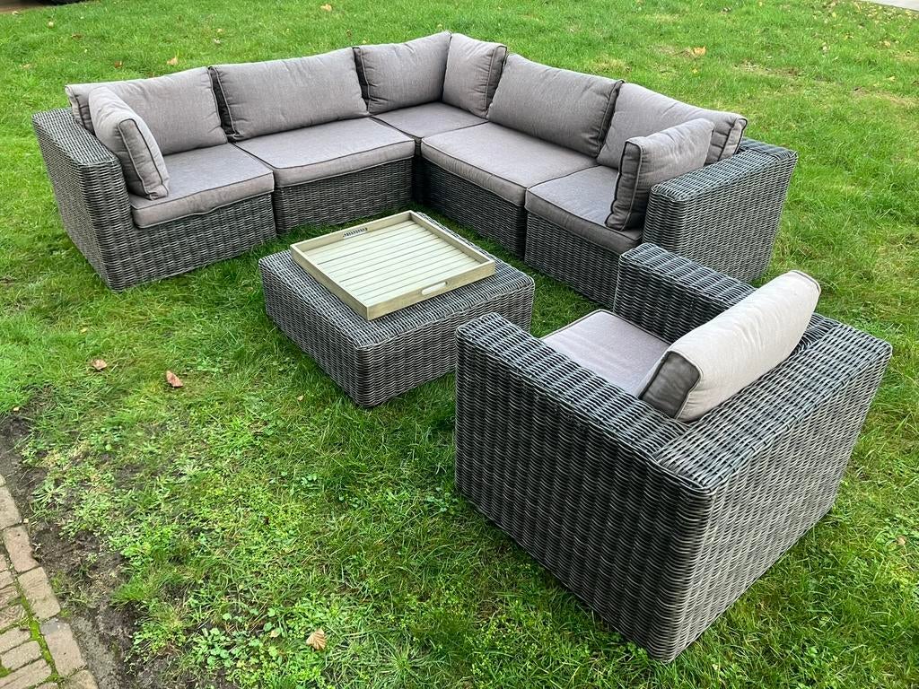 Loungeset rotan wicker + stoel , hocker & grijze kussens, Ophalen, Zo goed als nieuw, Wicker, Bank