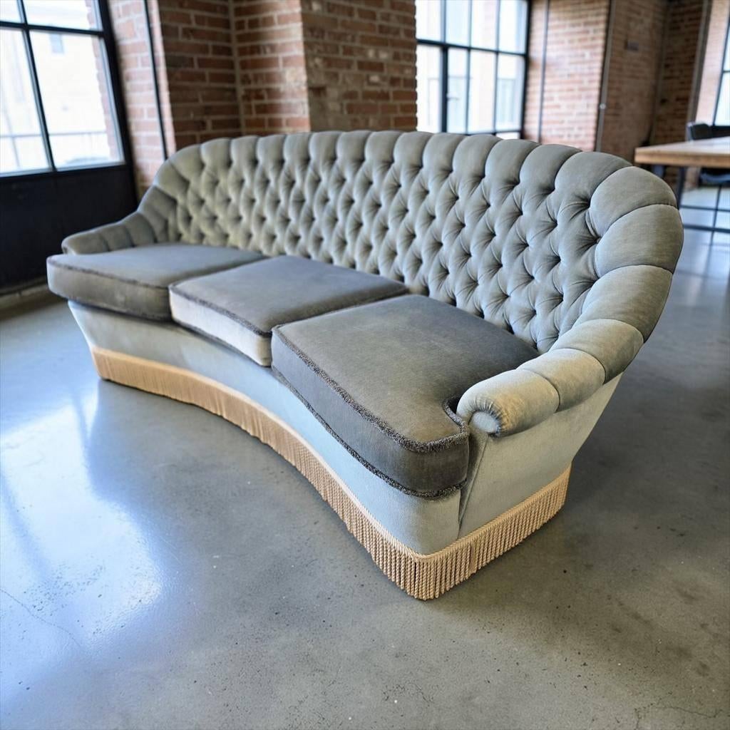 Vintage zachtblauwe zetel / canapé /fauteuil  met franjes, Ophalen