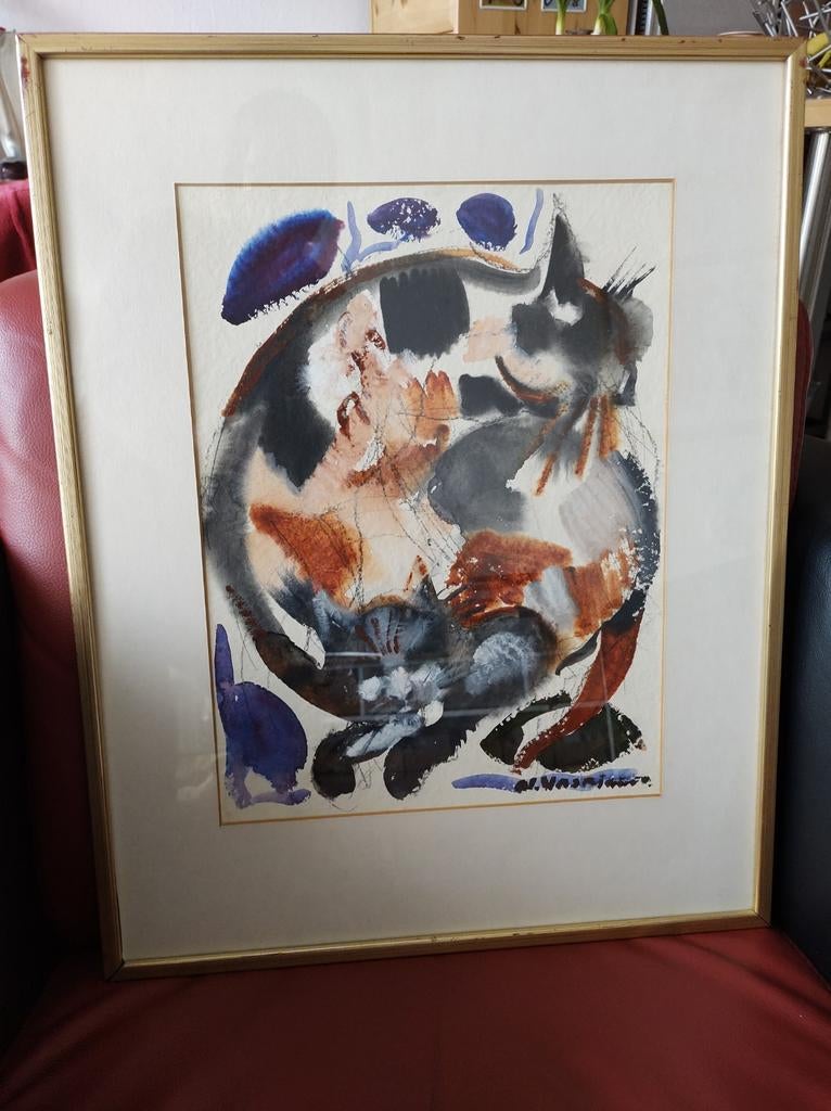 Gemengde techniek katten afbeeldingen, Antiek en Kunst, Kunst | Litho's en Zeefdrukken, Ophalen