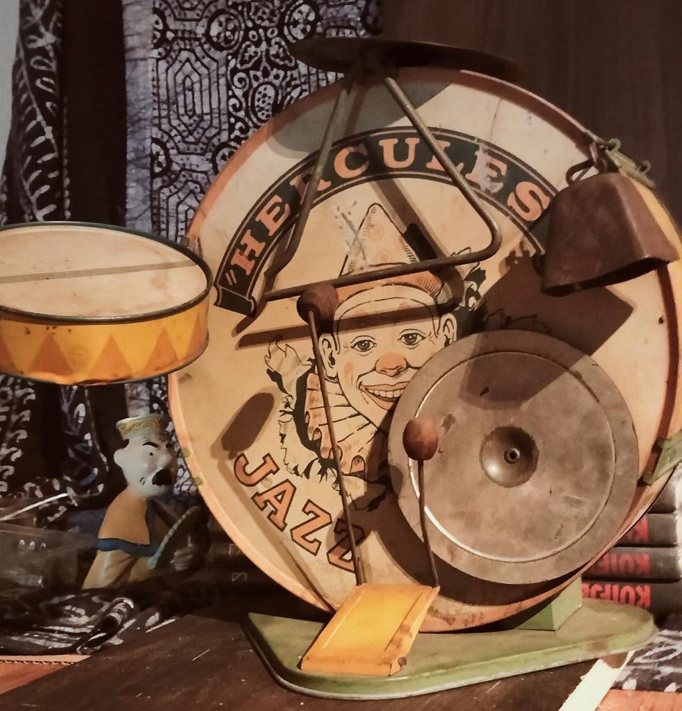 Blikken Hercules one man band drumstel uit 1930, Ophalen of Verzenden