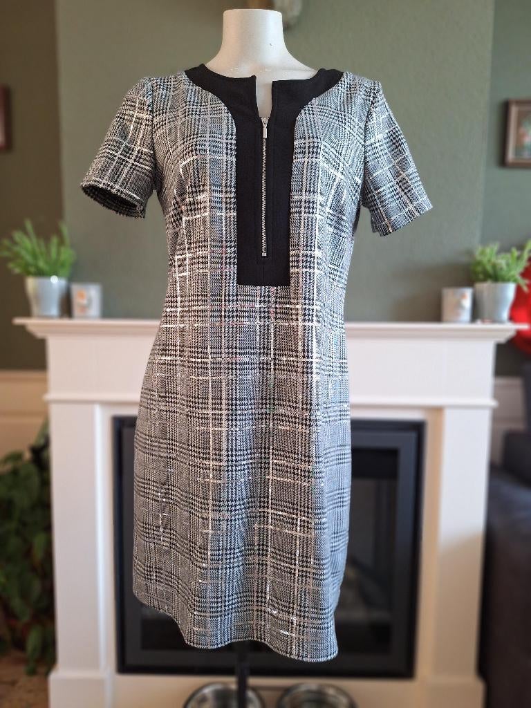 Rinascimento zwart grijs zilver geruite jurk L, Kleding | Dames, Verzenden, Zwart, Zo goed als nieuw, Knielengte