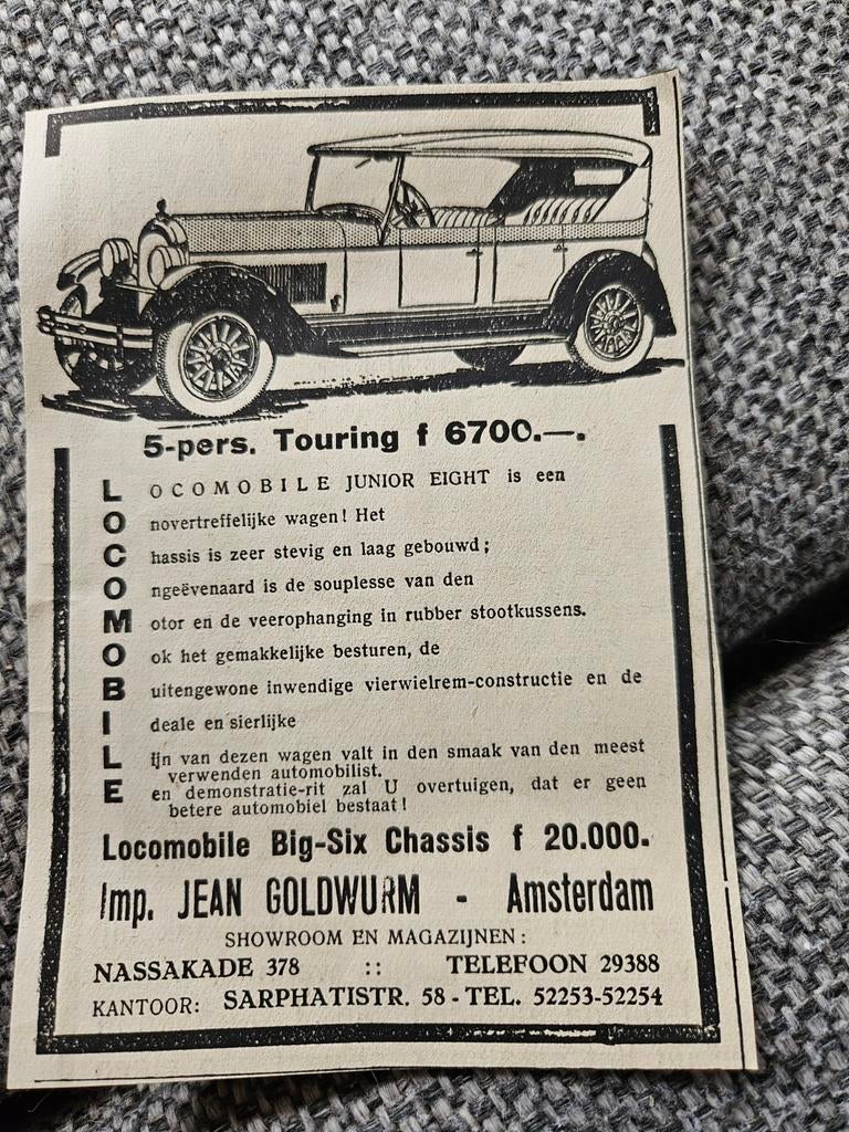 Locomobile 5 pers touring reclame knipsel, Ophalen of Verzenden, Voor 1920, Knipsel(s)