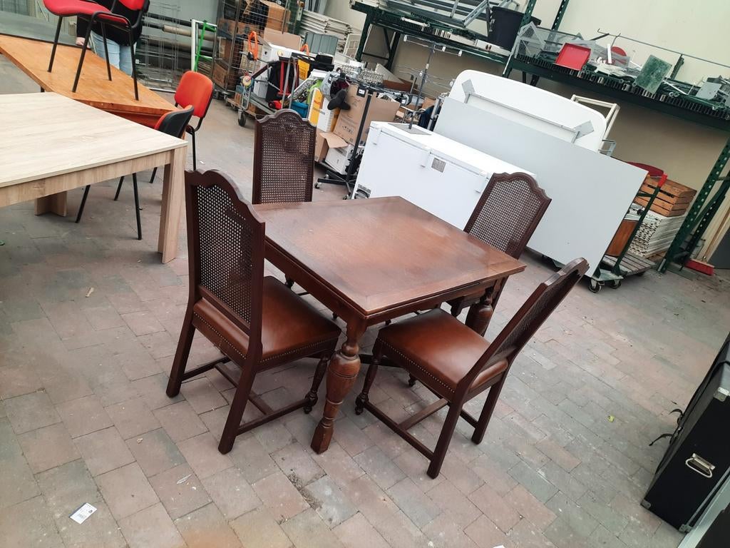 Klassieke uitschuifbare eettafel met 4 stoelen skai leer, Ophalen, Gebruikt, Klassiek, 4 tot 6 stoelen