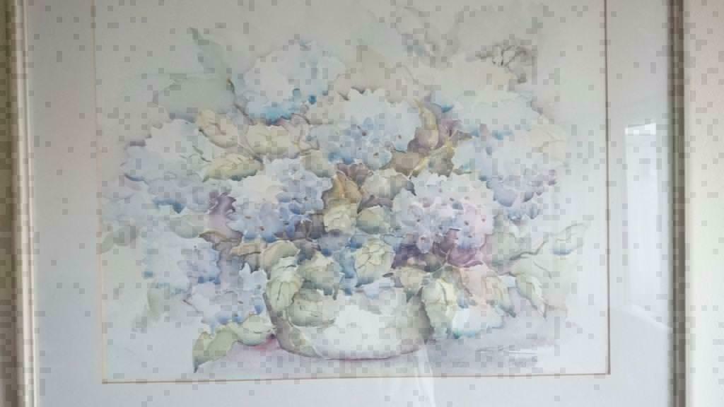 Aquarel van Ellen Kroon.  Gesigneerd  Hortensia`s maten lijs, Antiek en Kunst, Ophalen of Verzenden
