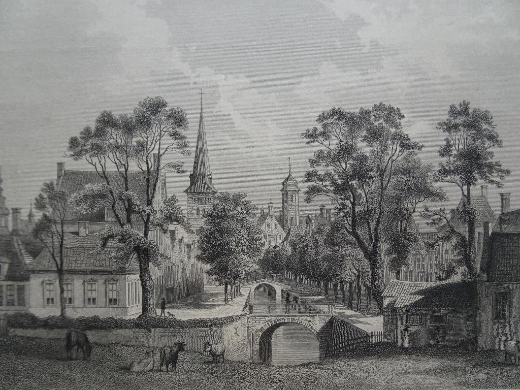 staalgravure zicht op Franeker met kerk, JG Riegel 1858, Antiek en Kunst, Verzenden