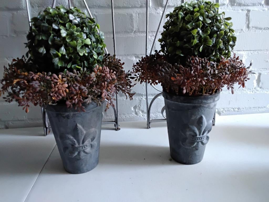 2 Gietijzeren potten met franse lelie, Ophalen, Rond, Aardewerk, Minder dan 40 cm