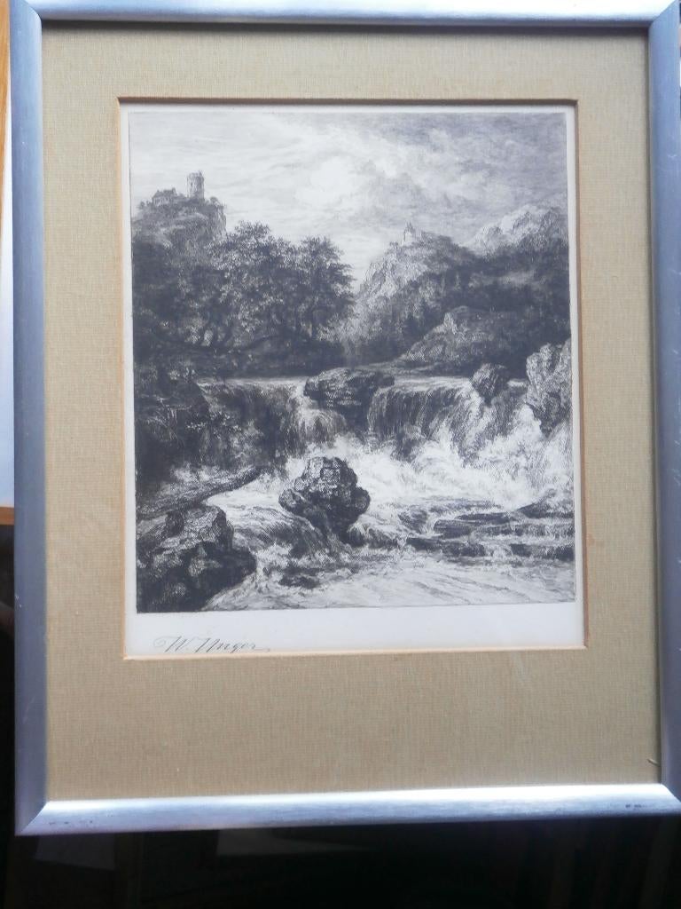 Willem G.UNGER, Mooie zw-wit ets van een waterval in lijstje, Ophalen of Verzenden