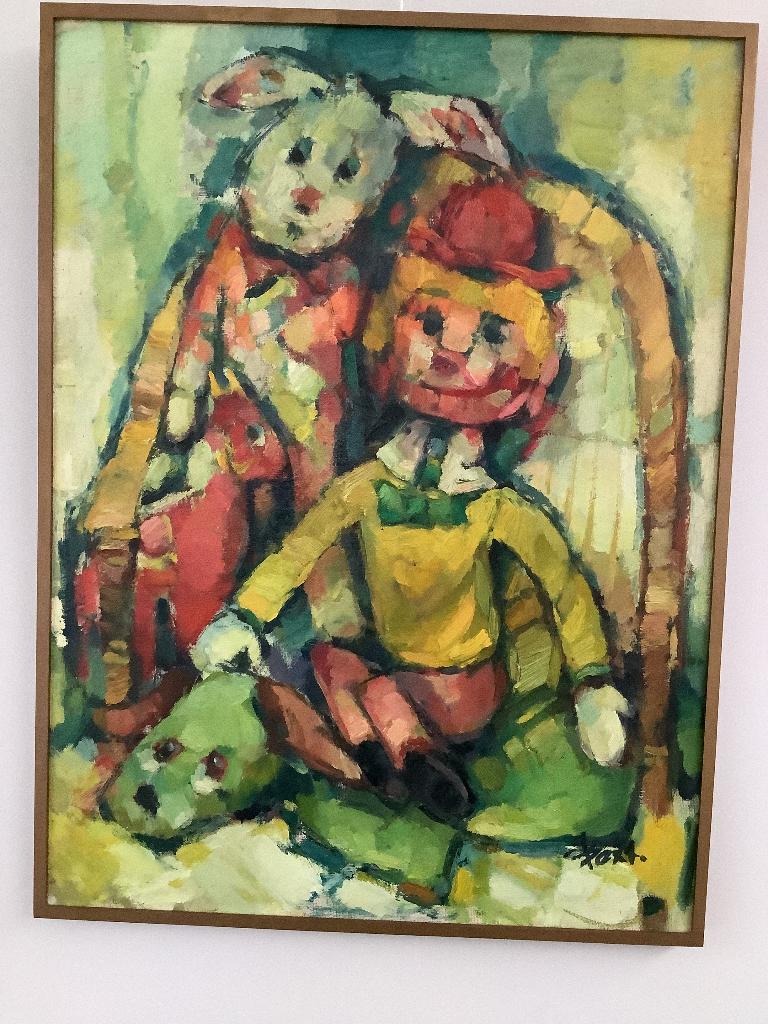 Clown met drie knuffels, Antiek en Kunst, Kunst | Schilderijen | Modern, Ophalen