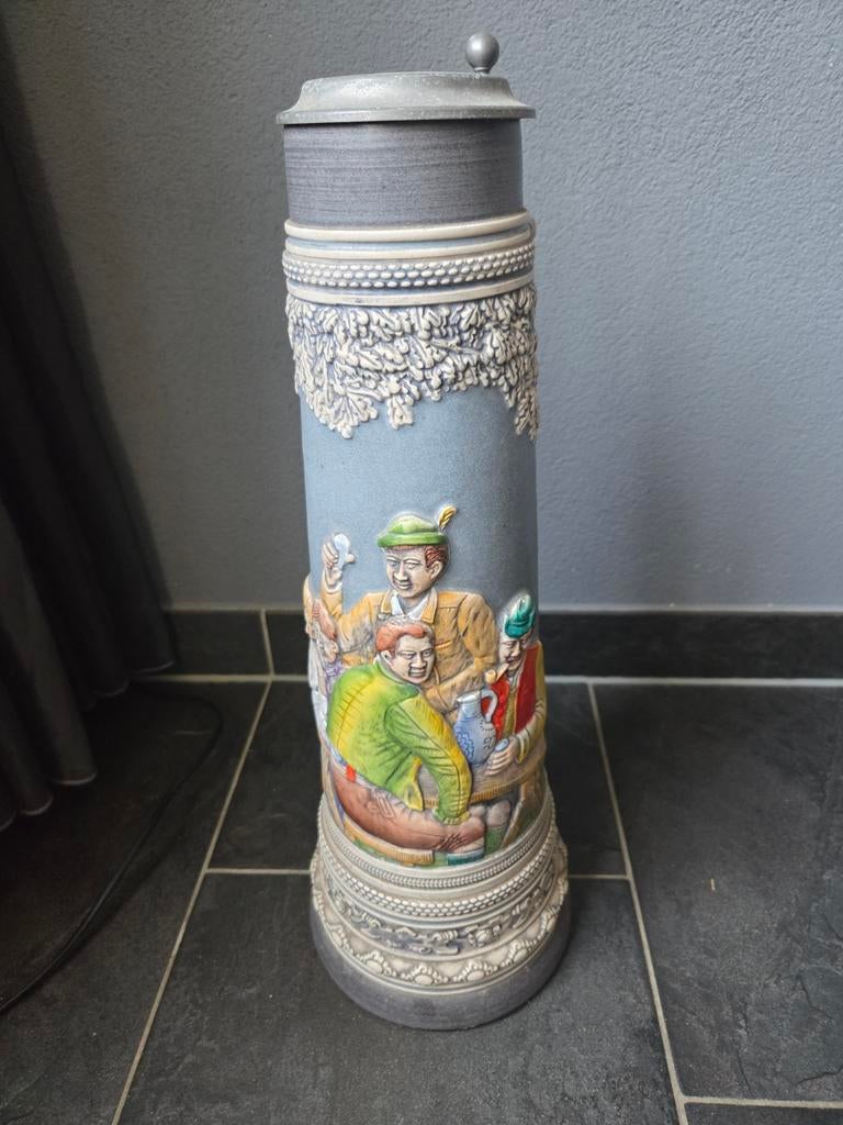 Bierstein 75 cm hoog met tinnen deksel, Antiek en Kunst, Antiek | Keramiek en Aardewerk, Ophalen of Verzenden