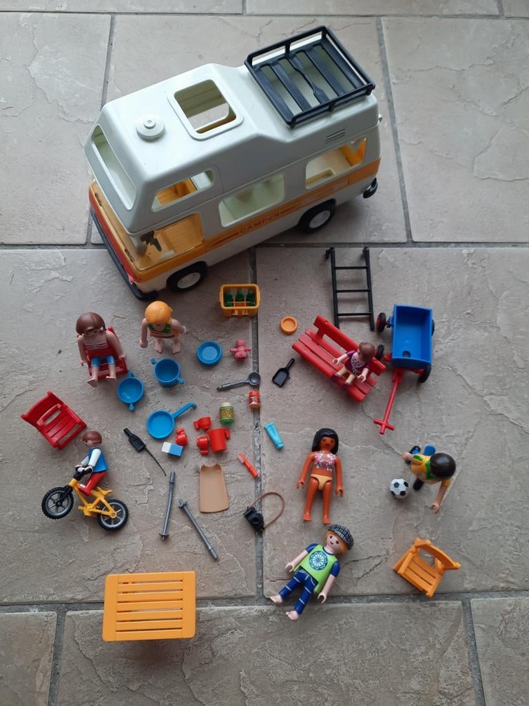 Playmobil vintage camper poppetjes tafel stoeltjes fiets, Ophalen, Gebruikt, Los playmobil