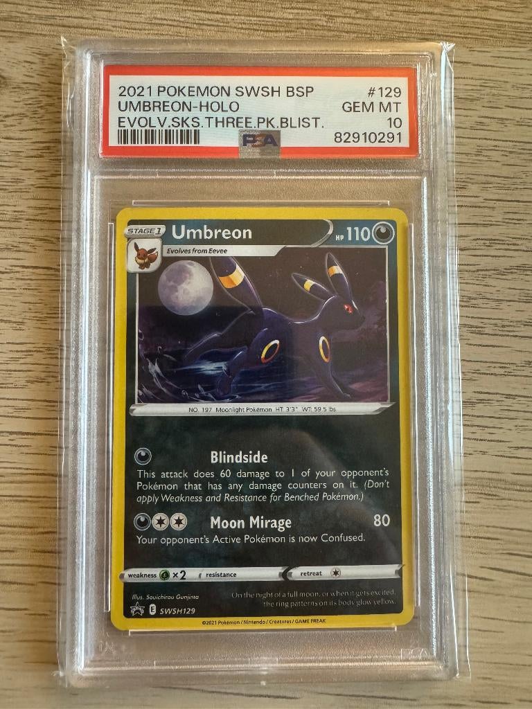 Pokemon Umbreon Evolving Skies SWSH129 PSA 10, Ophalen of Verzenden, Zo goed als nieuw, Losse kaart, Foil