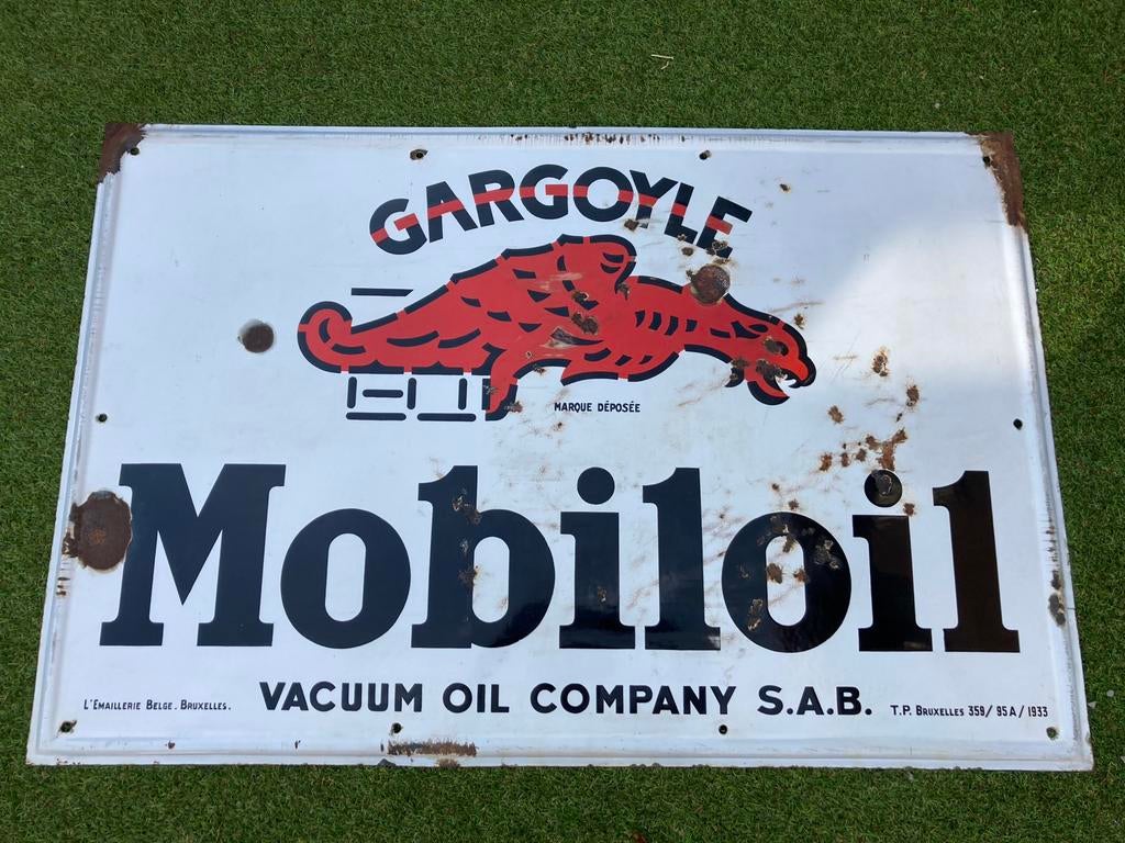 Mobiloil reclamebord emaille reclame garage, Ophalen, Zo goed als nieuw, Reclamebord