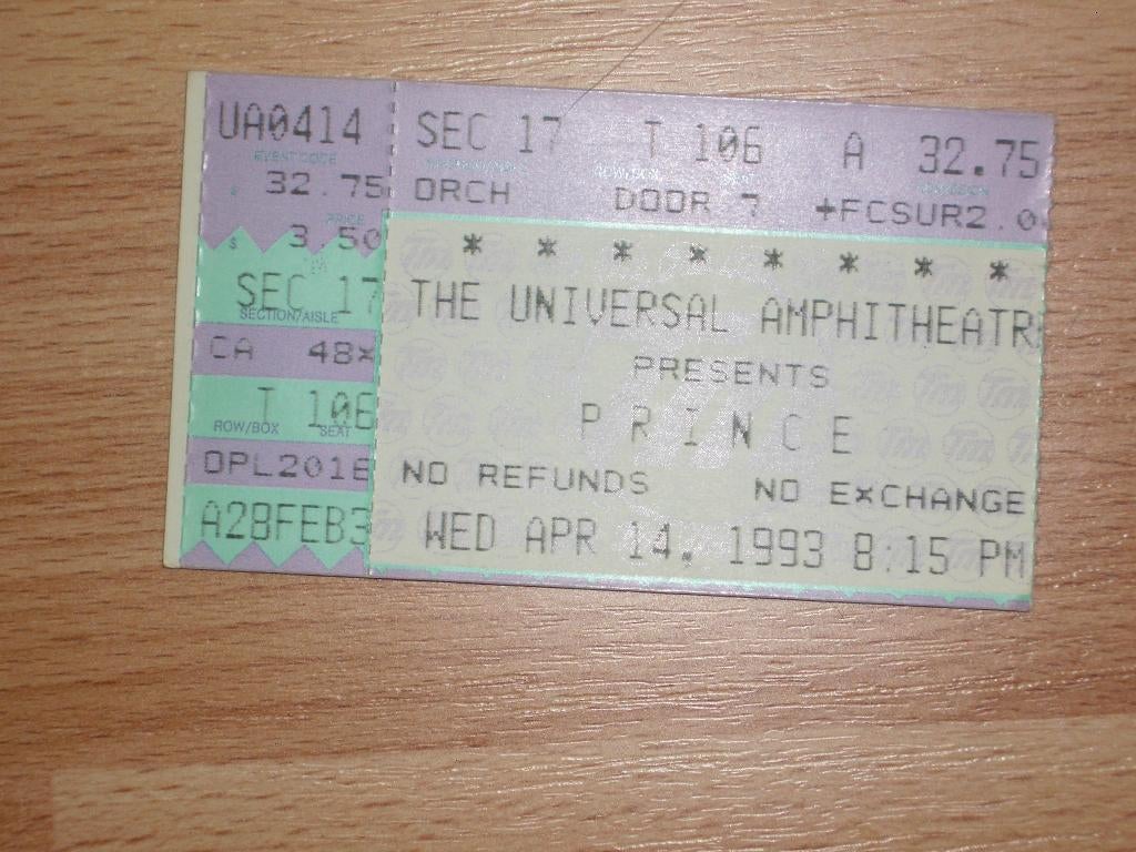 Prince concert kaartje Amphitheatre 14 april 1993, Ophalen of Verzenden, Gebruikt, Foto of Kaart