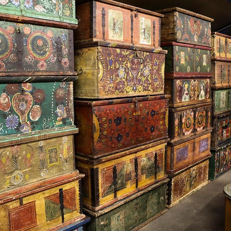 Beschilderde Antieke Landelijke Volkskunst Kisten, Ophalen, Gebruikt, 50 tot 100 cm, 50 tot 75 cm