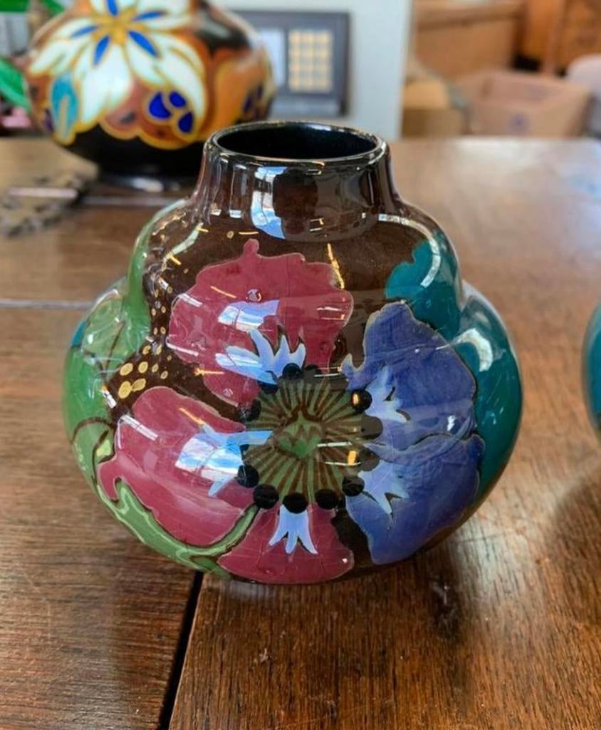 Vaas twee Gouda Holland plateel vaasjes decor Iris, Huis en Inrichting, Woonaccessoires | Vazen, Ophalen of Verzenden